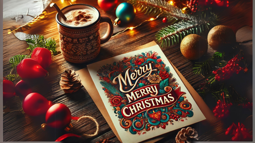 A beautifully designed Christmas postcard with festive decorations, including ornaments, pinecones, and a handwritten note saying 'Merry Christmas