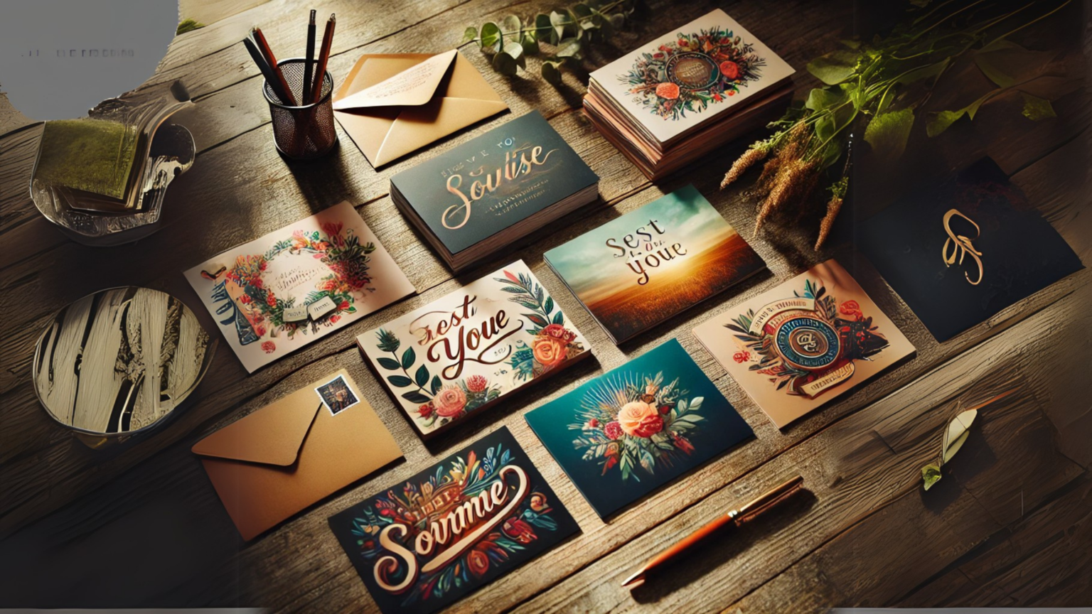 A collection of vibrant personalized postcards featuring custom designs and heartfelt messages, arranged on a wooden table