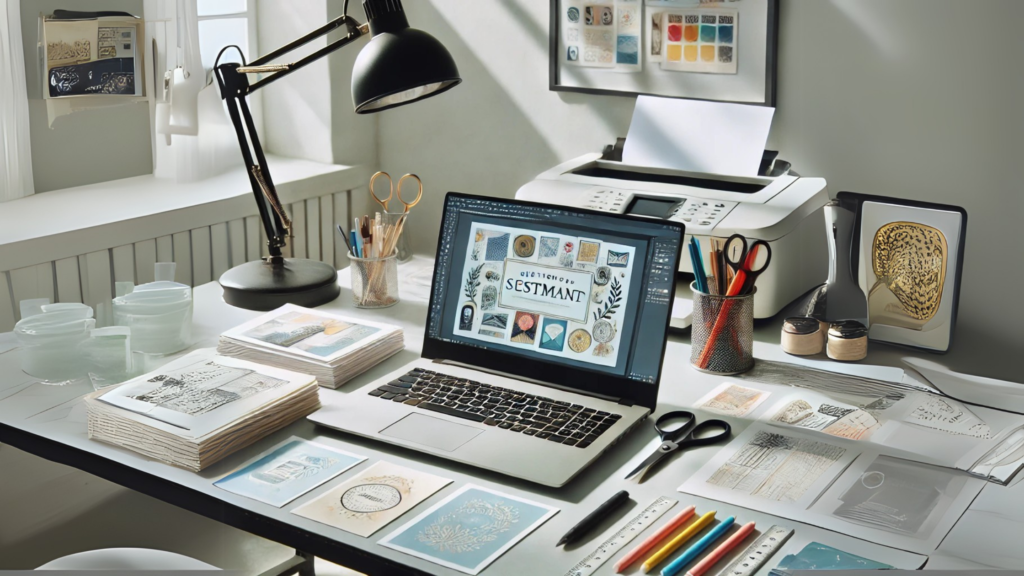 A creative printable postcard design on a desk, featuring vibrant colors, a pen, and a printer in the background