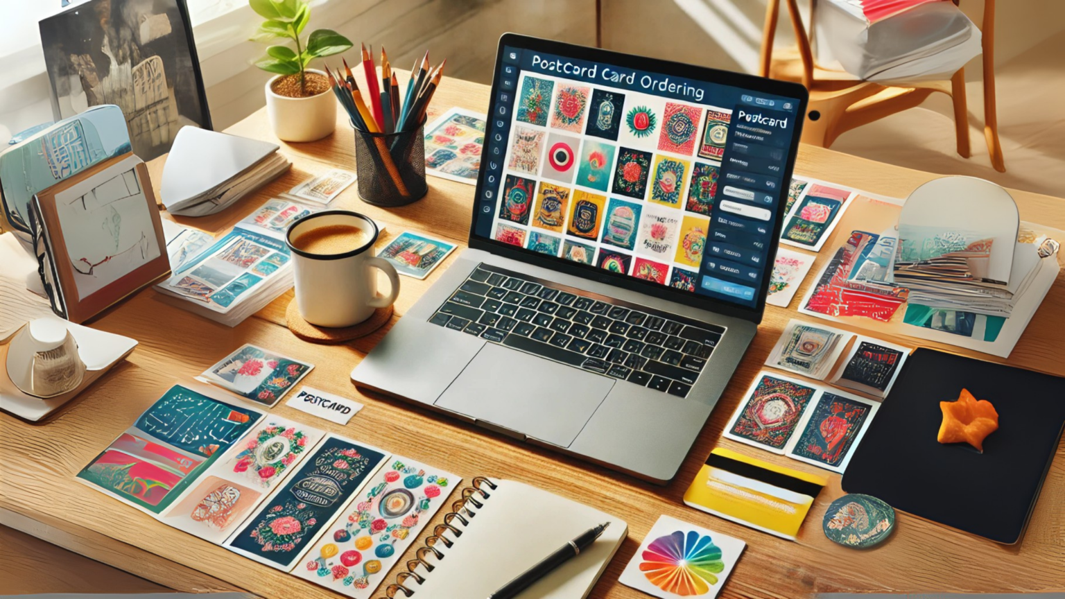 A laptop displaying an online postcard ordering platform, surrounded by colorful printed postcards and a coffee mug